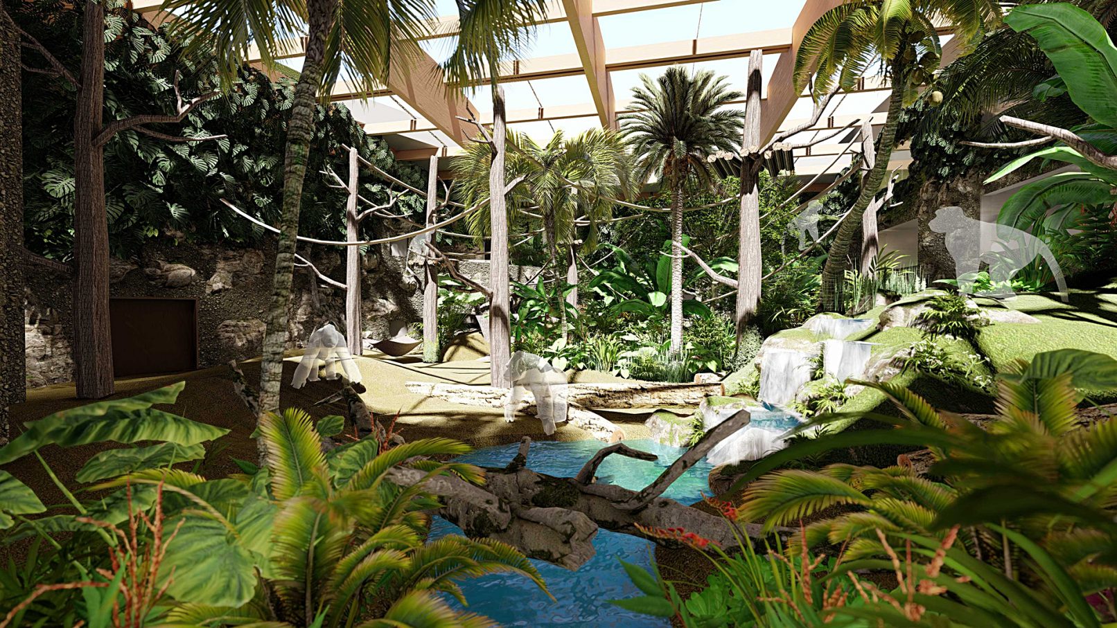 Obiekt ekspozycyjno-hodowlany dla goryli i innych zwierząt Lasów Deszczowych Afryki Równikowej - Ekspozycja goryli - wizualizacja: Ewelina Pochodyła (Malinowski Design)