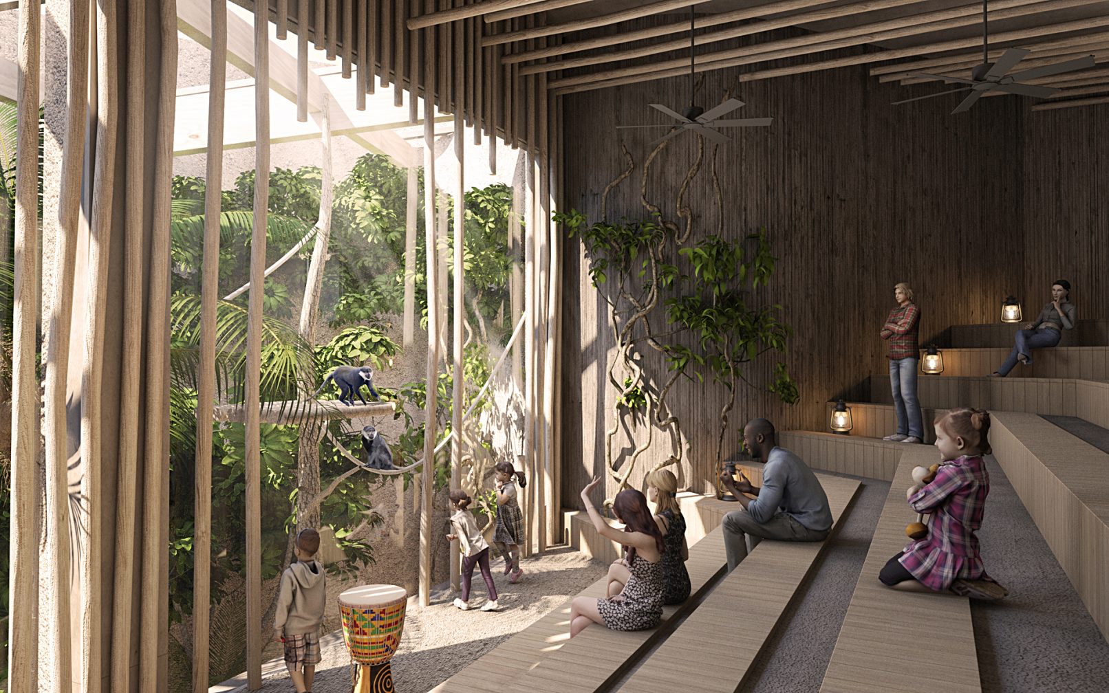 Obiekt ekspozycyjno-hodowlany dla goryli i innych zwierząt Lasów Deszczowych Afryki Równikowej - Ekspozycja koczkodanów - wizualizacja: Robert Budny, Renata Gajer-Hackemer